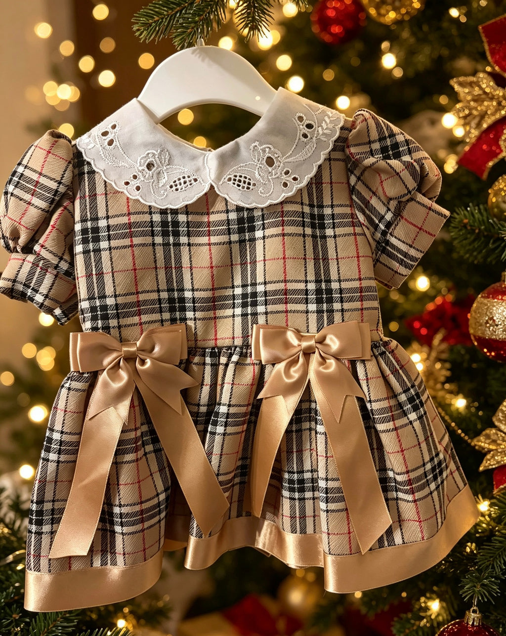 Holly Rose Tartan Dress – Girls’ Classic Tartan Lace Collar & Satin Bow Dress