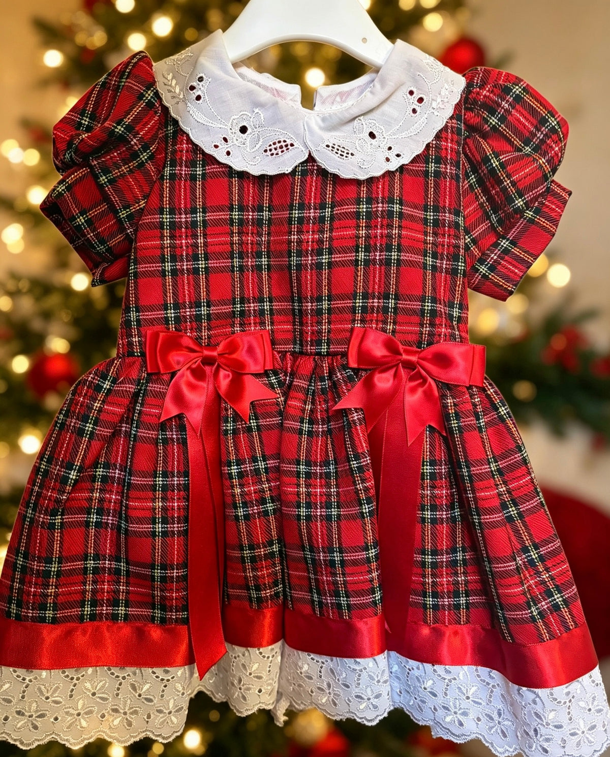 Holly Ruby Tartan Dress – Girls’ Red Tartan Lace & Bow Christmas Dress