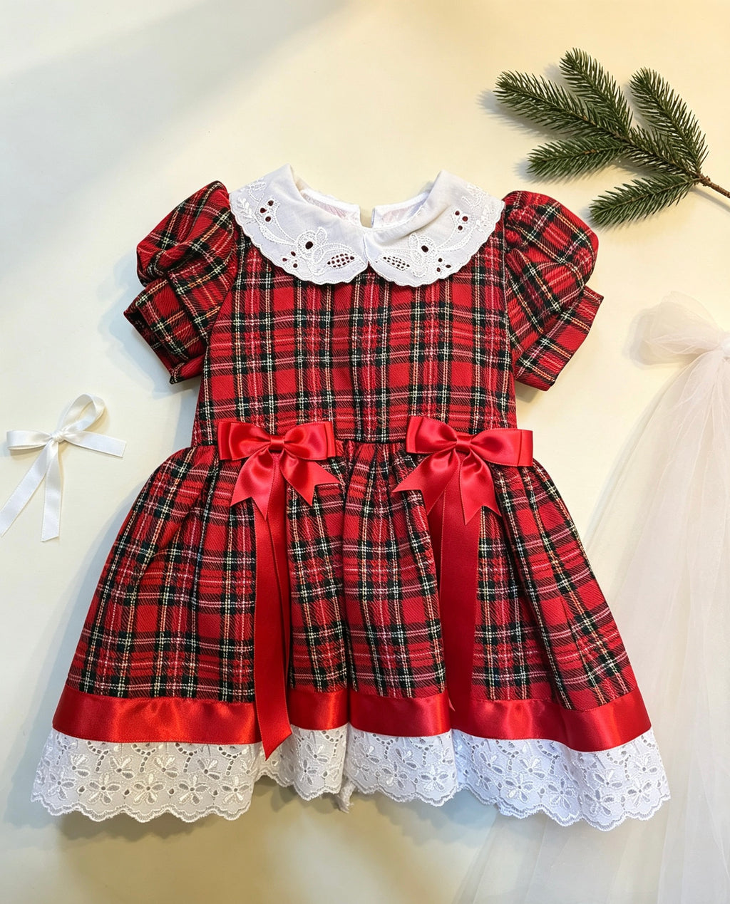 Holly Ruby Tartan Dress – Girls’ Red Tartan Lace & Bow Christmas Dress