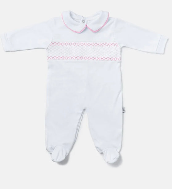 Baby girls Spanish smocked babygrow white & pink