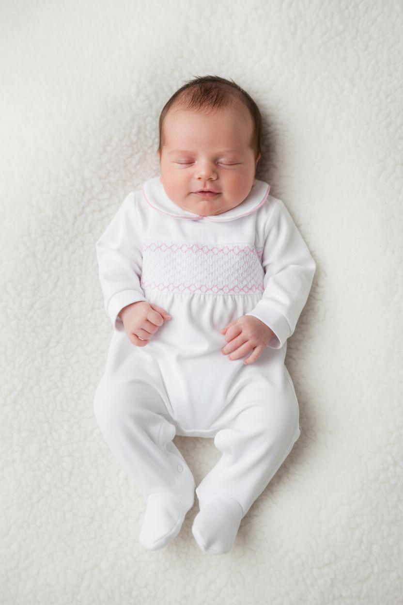 Baby girls Spanish smocked babygrow white & pink