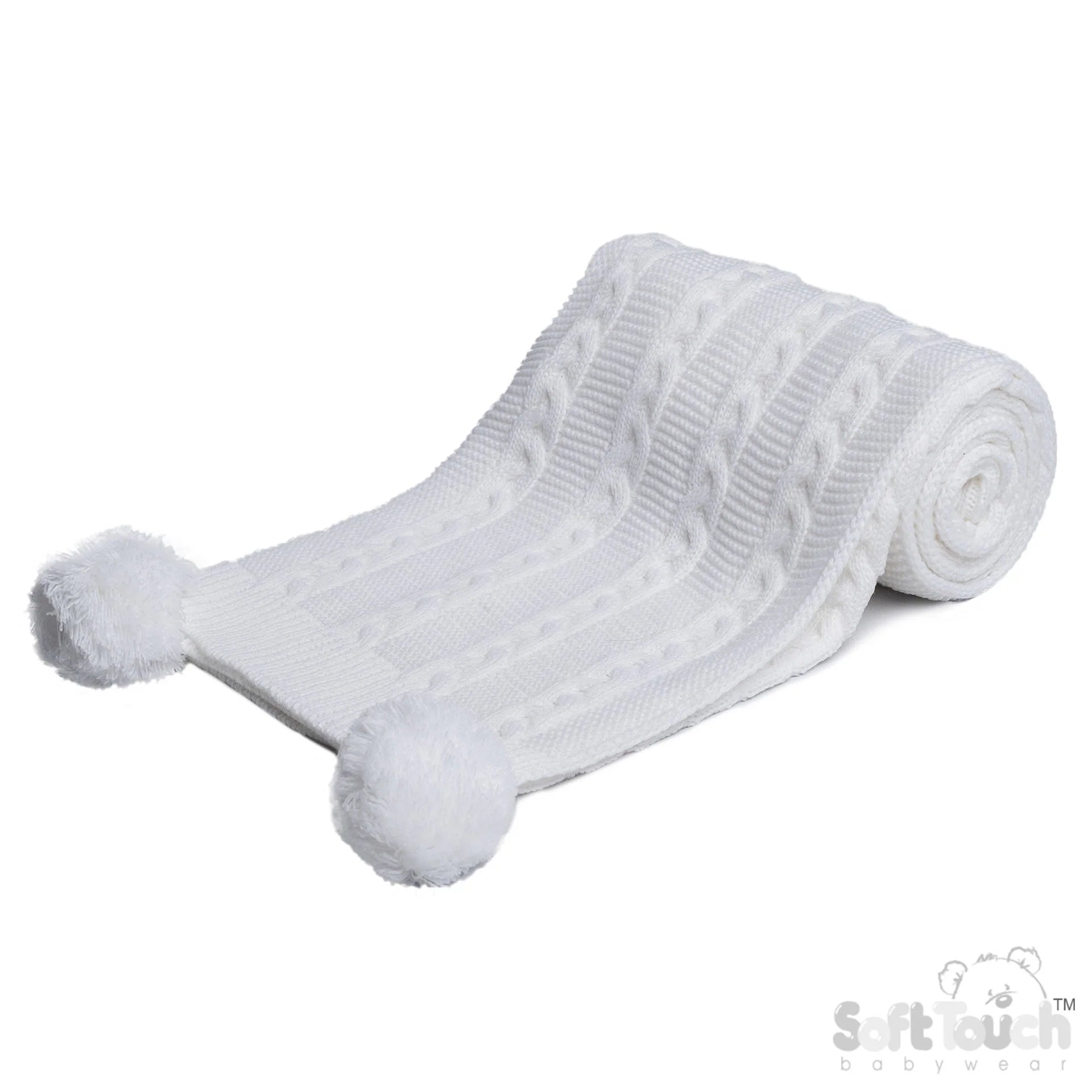 White Pom Cable Knit Blanket