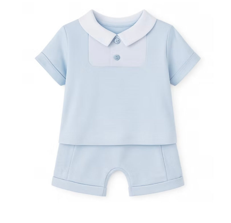 Baby Boys Blue Two-Piece Shorts Set with White Collar