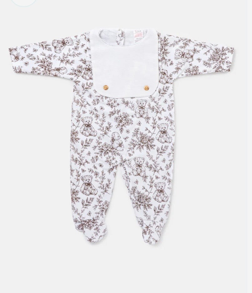 Teddy print Spanish babygrow beige