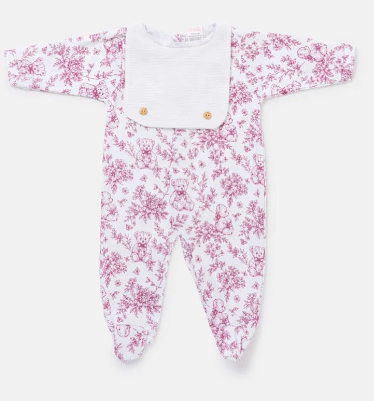 Teddy print Spanish babygrow -cherry