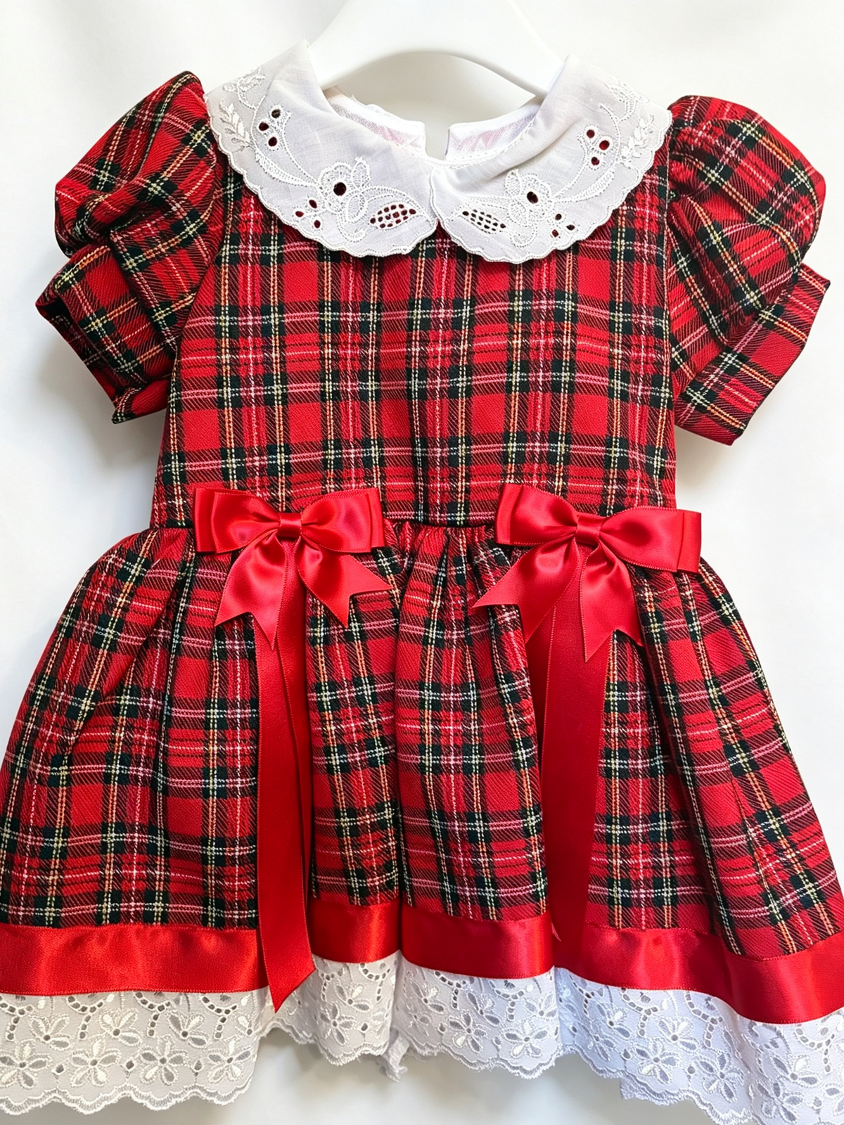 Holly Ruby Tartan Dress – Girls’ Red Tartan Lace & Bow Christmas Dress