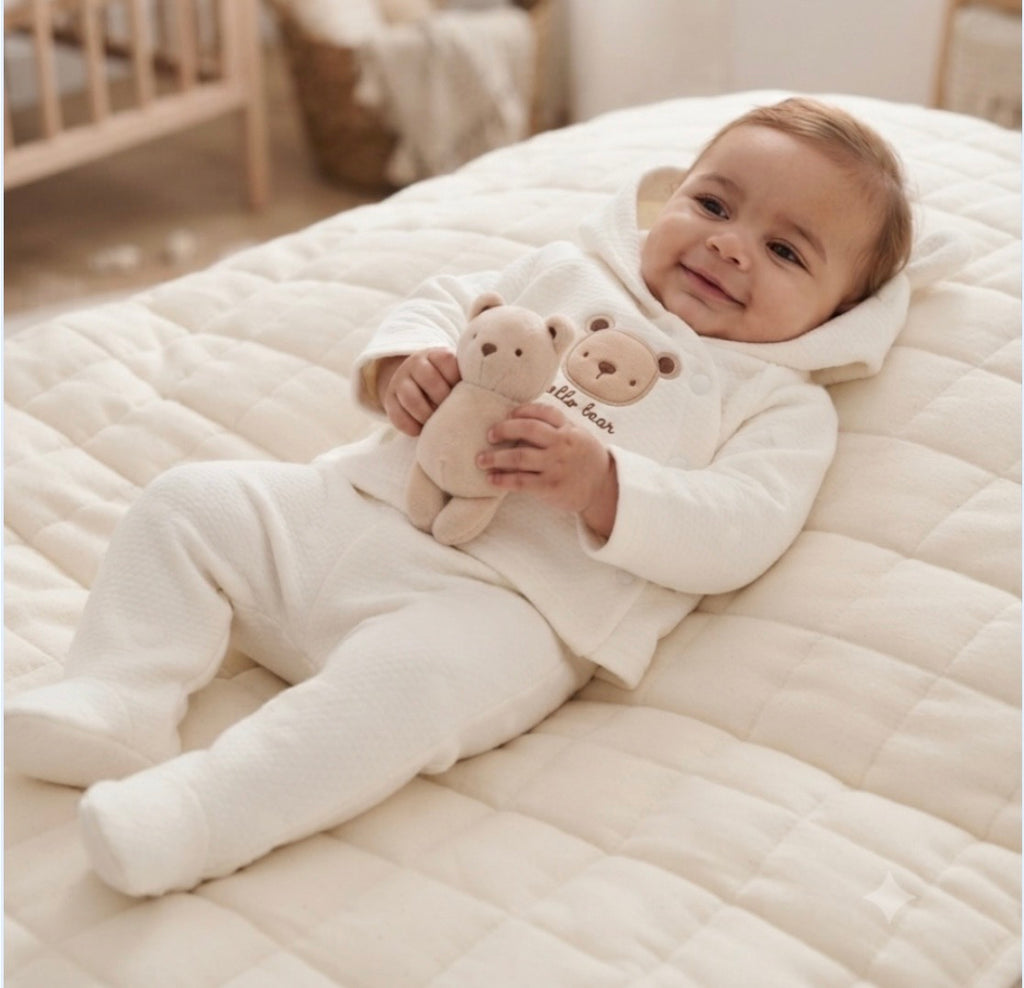 Rock bye baby jacket ,trouser and bear set -white