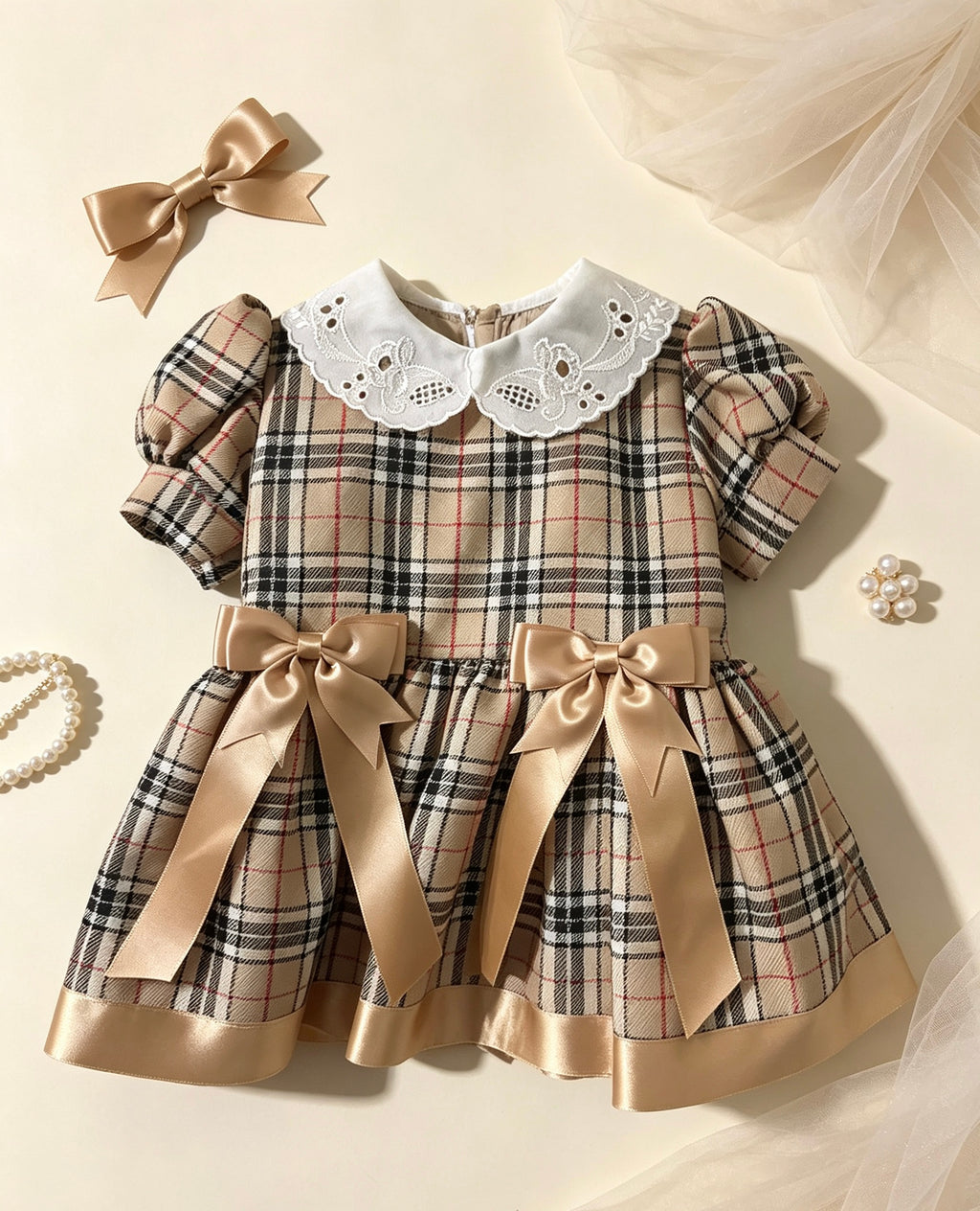 Holly Rose Tartan Dress – Girls’ Classic Tartan Lace Collar & Satin Bow Dress