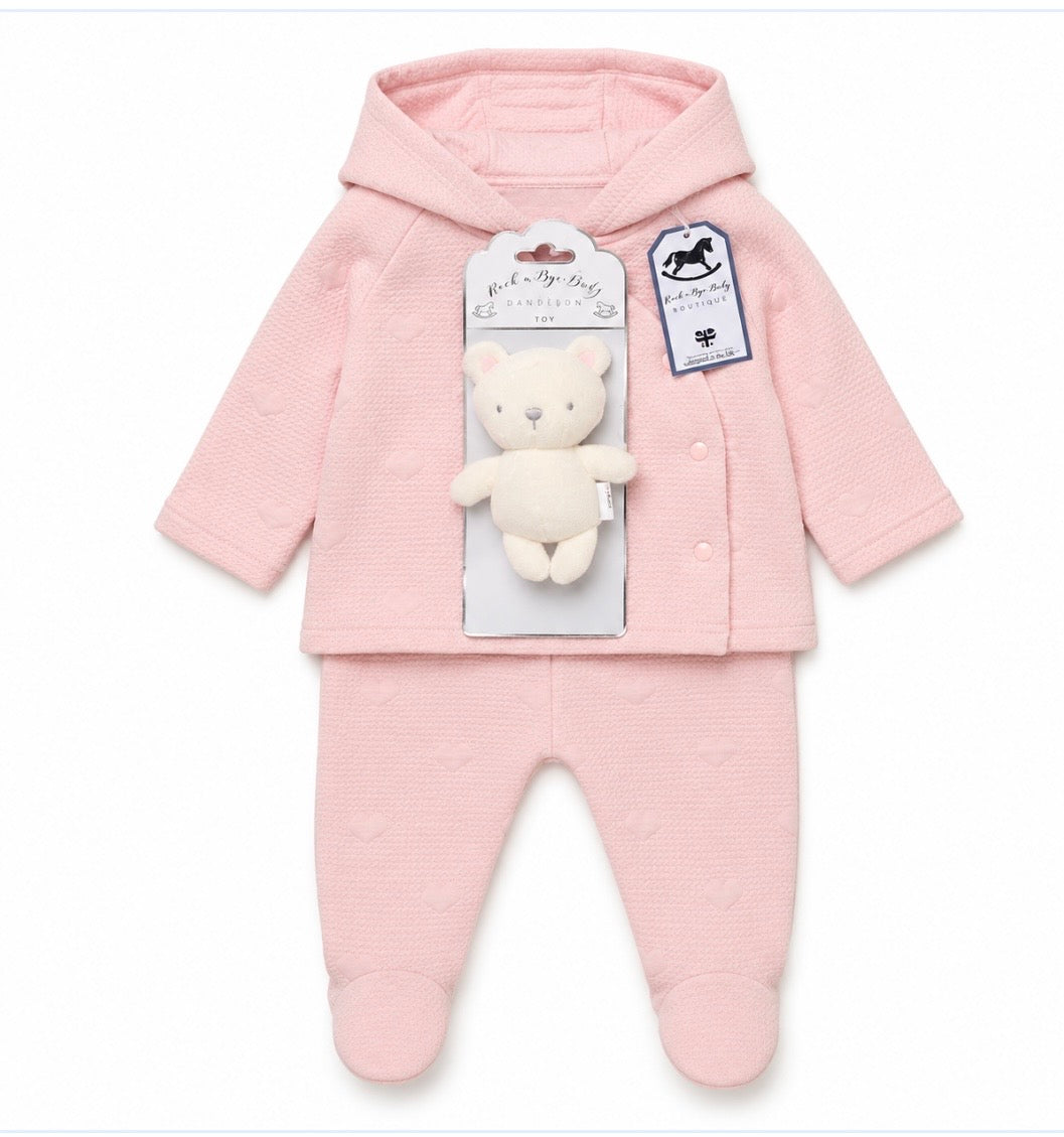 Rock a bye baby jacket,trouser & bear set -pink