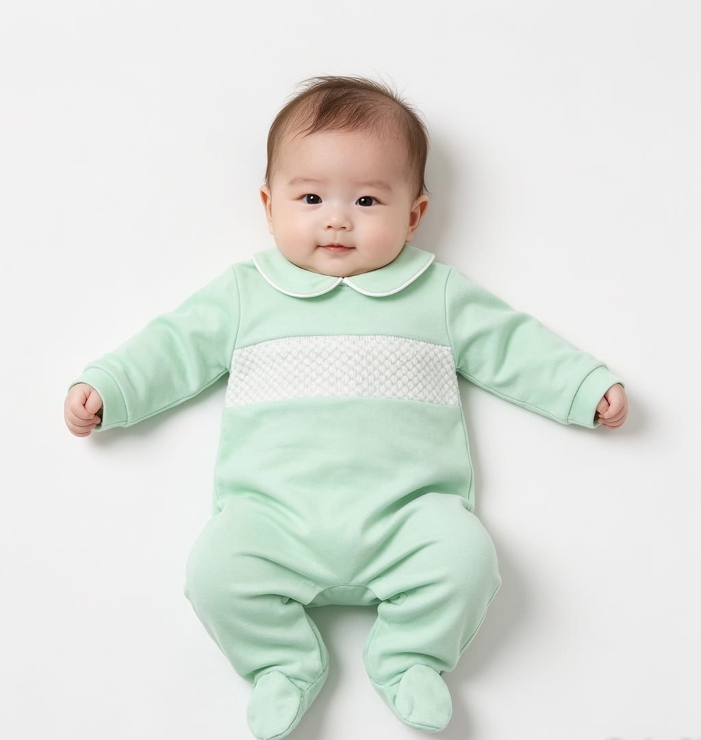 Spanish smocked mint babygrow