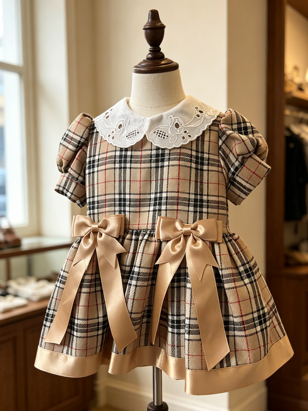Holly Rose Tartan Dress – Girls’ Classic Tartan Lace Collar & Satin Bow Dress
