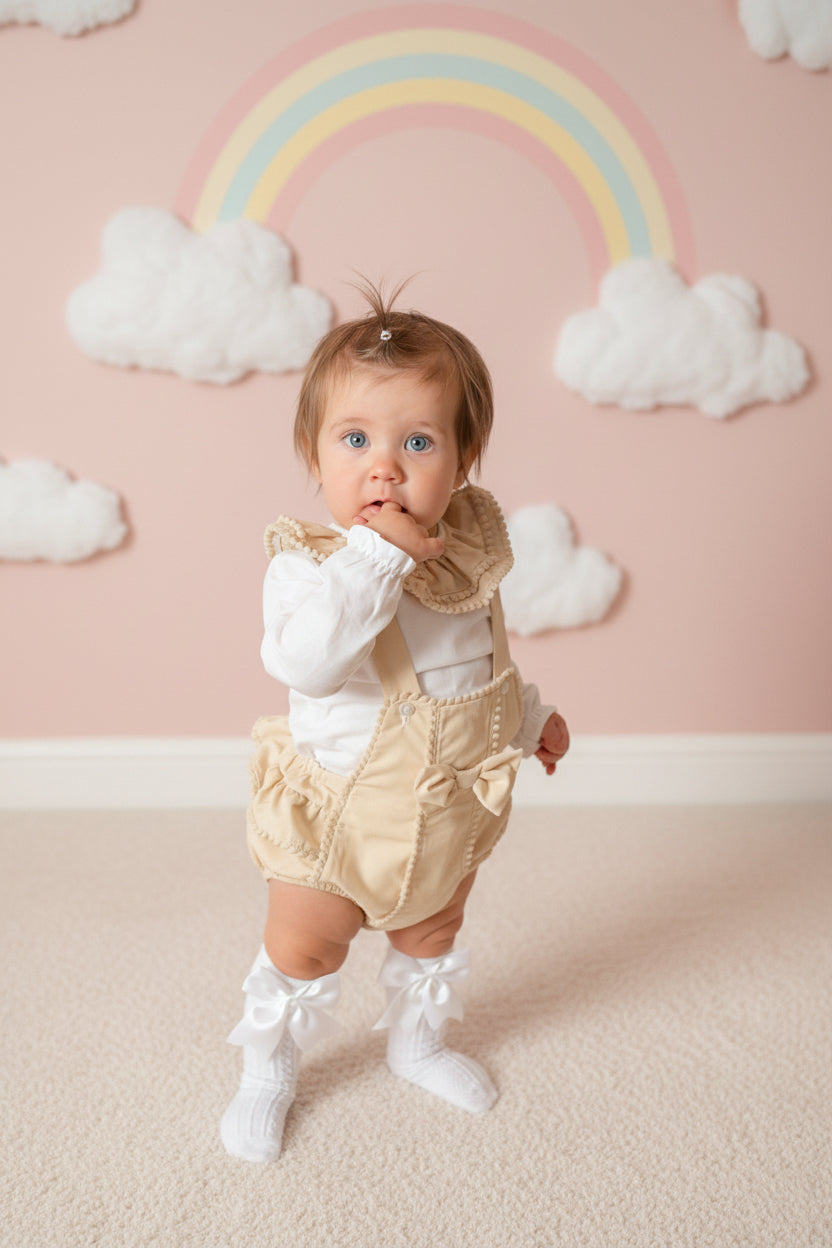 Spanish Girls Romper with Ruffled Collar and Bow Detail in Soft Beige