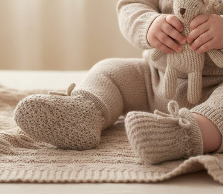 Coffee-coloured baby booties worn on baby's feet