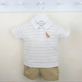 Pex Benji baby boys shorts set — cream pique polo with beige stripes and puppy detail, beige shorts