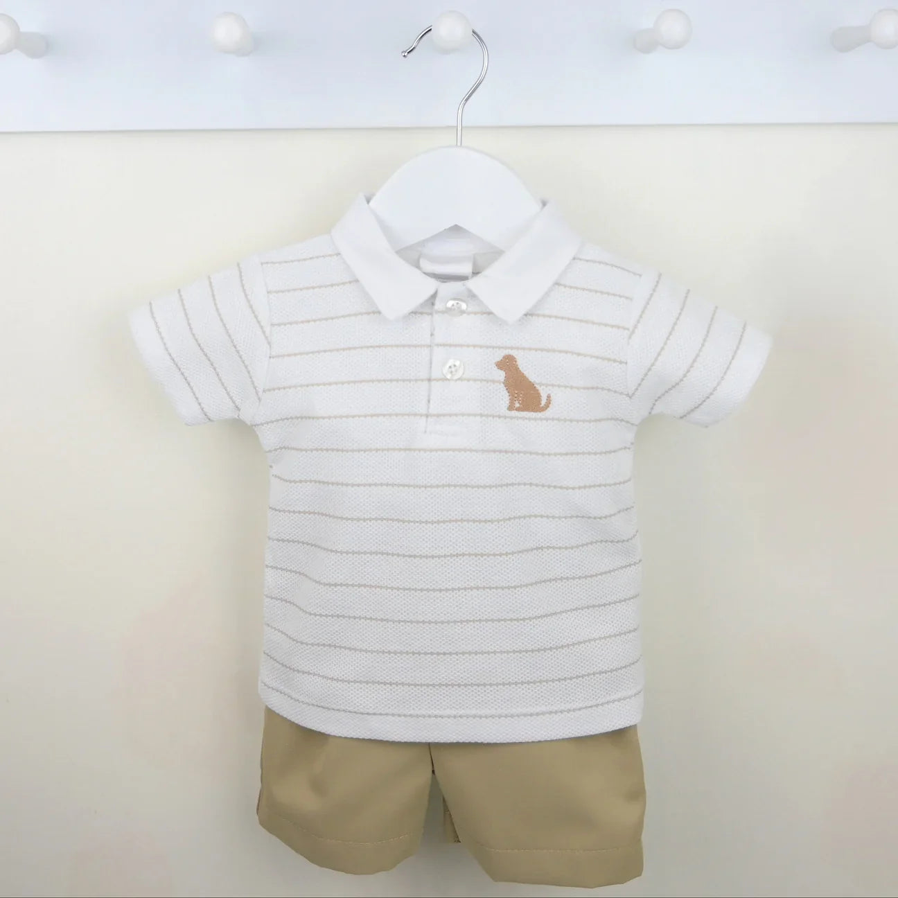Pex Benji baby boys shorts set — cream pique polo with beige stripes and puppy detail, beige shorts