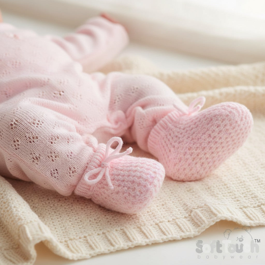 Pink baby booties worn on baby's feet