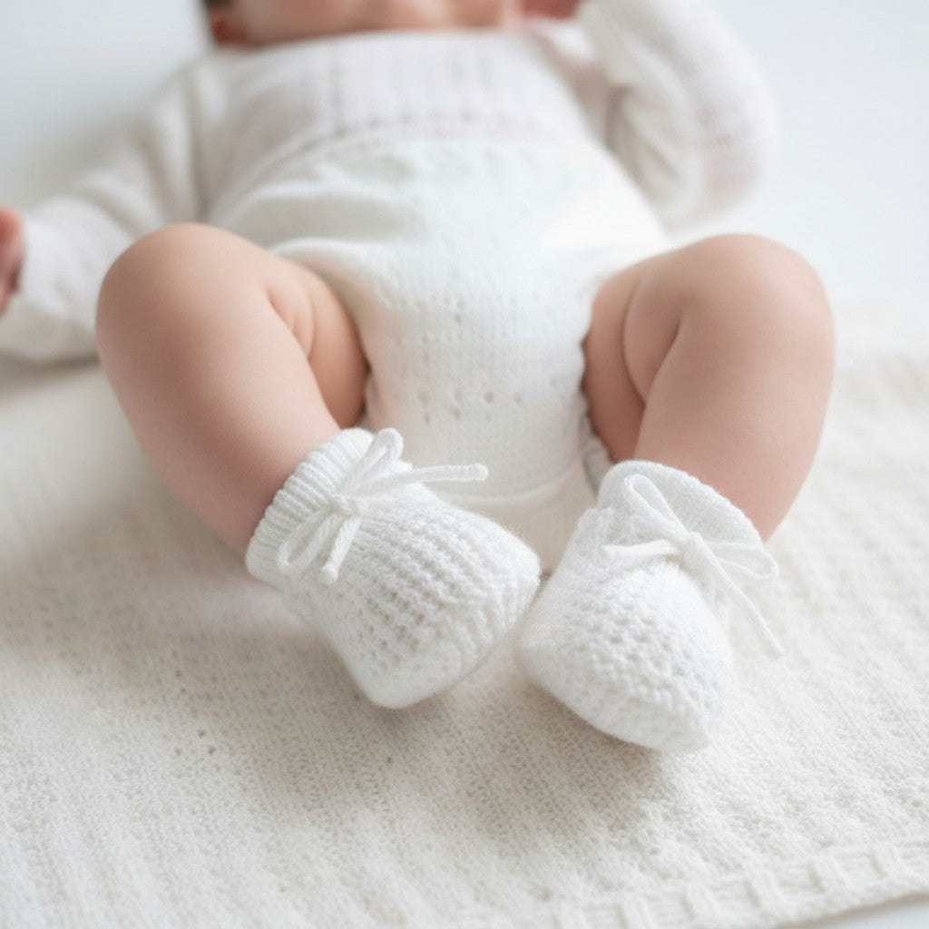 White baby booties worn on baby's feet